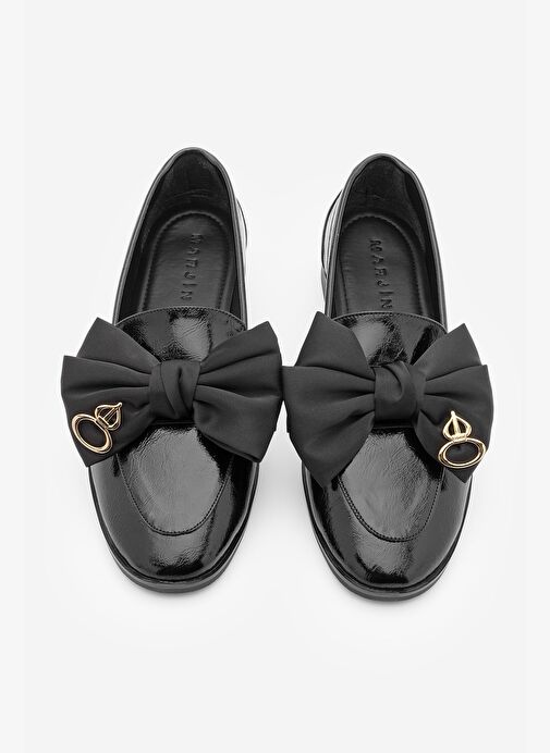 Kadın Loafer Fiyonk Detaylı Tokalı Günlük Ayakkabı Santoz Siyah Rugan - Görsel 5