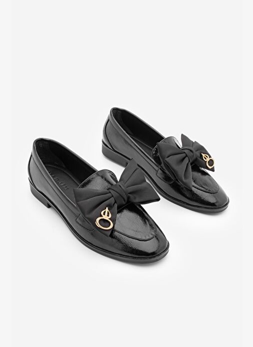 Kadın Loafer Fiyonk Detaylı Tokalı Günlük Ayakkabı Santoz Siyah Rugan - Görsel 4