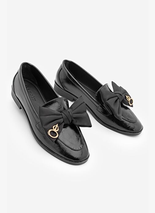 Kadın Loafer Fiyonk Detaylı Tokalı Günlük Ayakkabı Santoz Siyah Rugan - Görsel 2