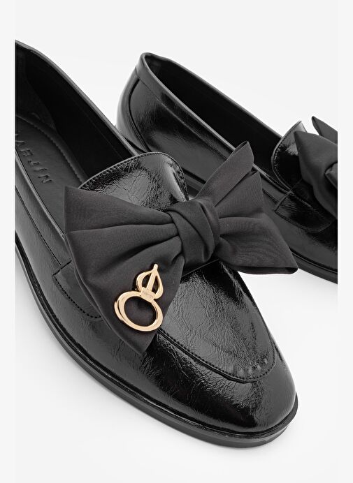 Kadın Loafer Fiyonk Detaylı Tokalı Günlük Ayakkabı Santoz Siyah Rugan - Görsel 6