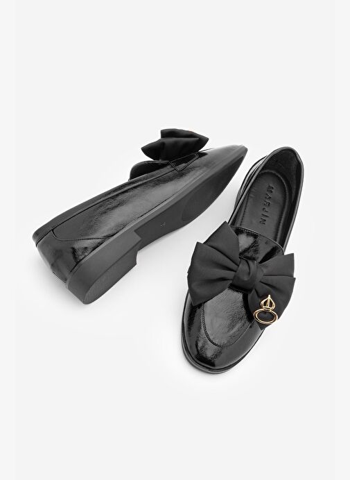 Kadın Loafer Fiyonk Detaylı Tokalı Günlük Ayakkabı Santoz Siyah Rugan - Görsel 7