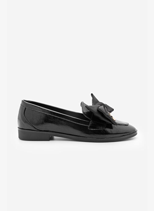 Kadın Loafer Fiyonk Detaylı Tokalı Günlük Ayakkabı Santoz Siyah Rugan - Görsel 3