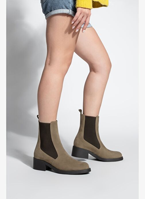 Kadın Elastik Yan Bantlı Topuklu Günlük Bot Espato Vizon Süet - Görsel 5