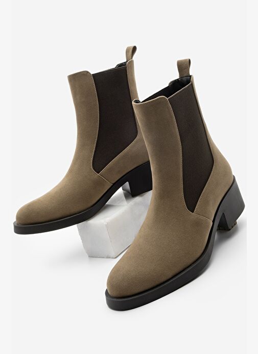 Kadın Elastik Yan Bantlı Topuklu Günlük Bot Espato Vizon Süet - Görsel 2