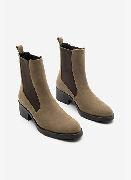 Kadın Elastik Yan Bantlı Topuklu Günlük Bot Espato Vizon Süet - Görsel 6