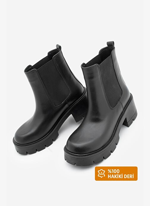 Kadın Hakiki Deri Çift Lastikli Kalın Topuklu Günlük Bot Viper Siyah - Görsel 2