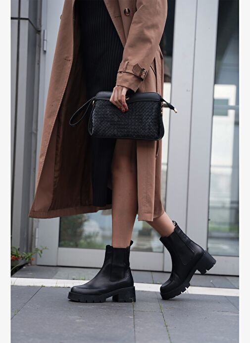 Kadın Hakiki Deri Çift Lastikli Kalın Topuklu Günlük Bot Viper Siyah - Görsel 4