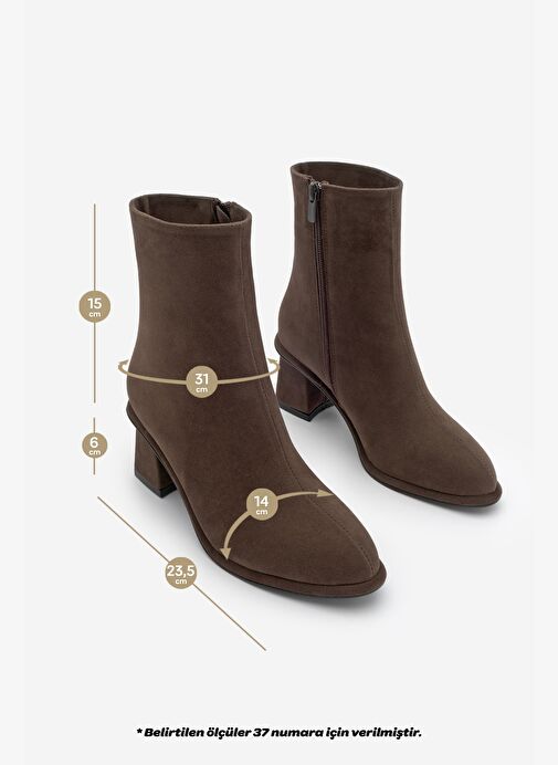 Kadın Sivrii Burun Arkadan Fermuarlı Dikiş Detaylı Kalın Topuklu Bot Atirya Kahve Süet - Görsel 4
