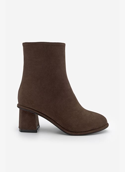 Kadın Sivrii Burun Arkadan Fermuarlı Dikiş Detaylı Kalın Topuklu Bot Atirya Kahve Süet - Görsel 6
