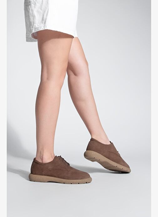 Kadın Hakiki Deri Oxford Ayakkabı Bağcıklı Günlük Ayakkabı Alyen Kahve Süet - Görsel 5