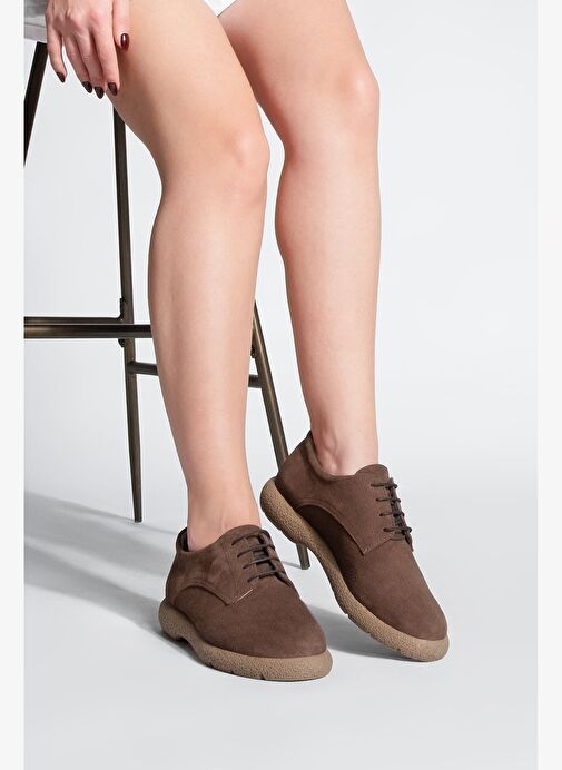 Kadın Hakiki Deri Oxford Ayakkabı Bağcıklı Günlük Ayakkabı Alyen Kahve Süet - Görsel 3