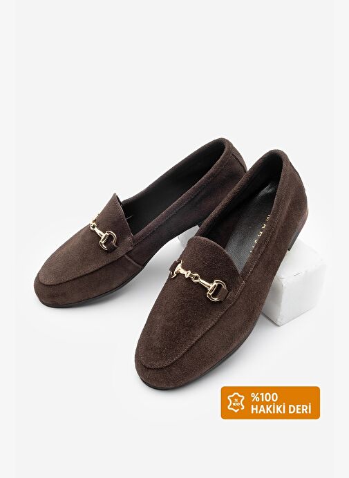 Kadın Hakiki Deri Zincirli Loafer Günlük Ayakkabı Tanle Kahve Süet - Görsel 2
