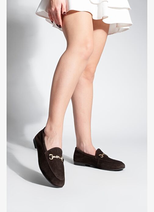Kadın Hakiki Deri Zincirli Loafer Günlük Ayakkabı Tanle Kahve Süet - Görsel 3