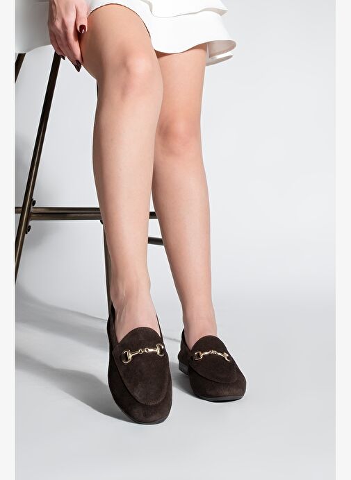 Kadın Hakiki Deri Zincirli Loafer Günlük Ayakkabı Tanle Kahve Süet - Görsel 5