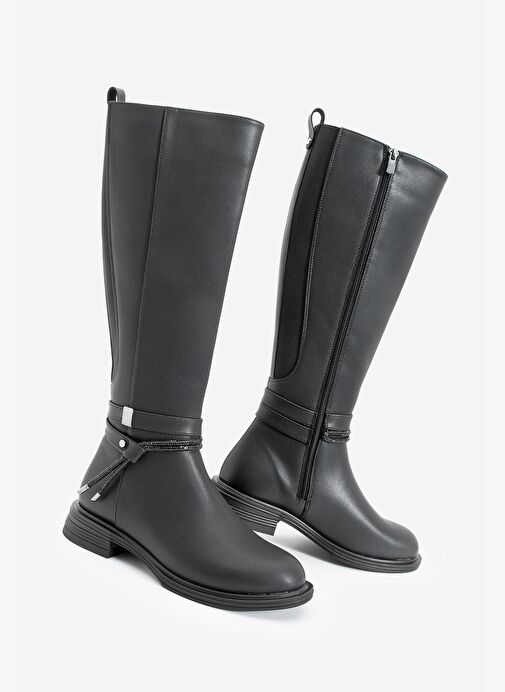 Kadın Taşlı Tokalı Lastikli Günlük Çizme Nayet Siyah - Görsel 2