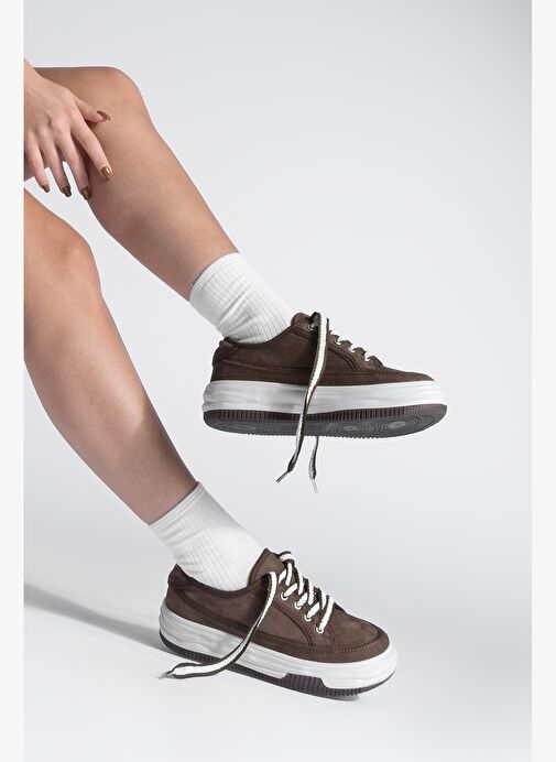Kadın Sneaker Yüksek Taban Bağcıklı Bez Spor Ayakkabı Kotnel Kahve Süet - Görsel 6