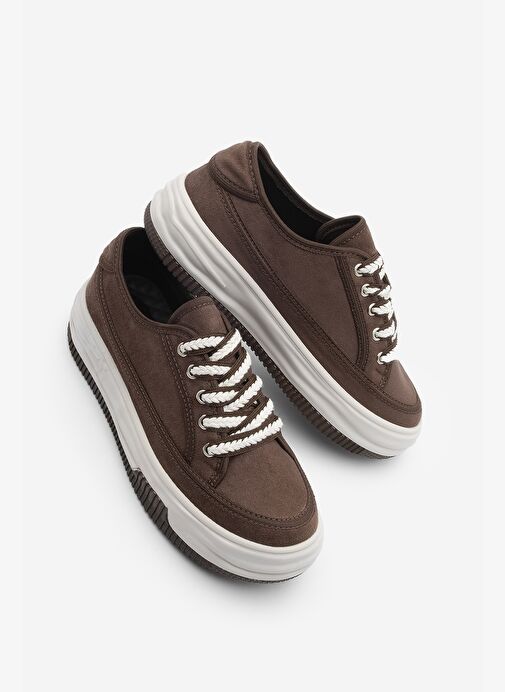 Kadın Sneaker Yüksek Taban Bağcıklı Bez Spor Ayakkabı Kotnel Kahve Süet - Görsel 2