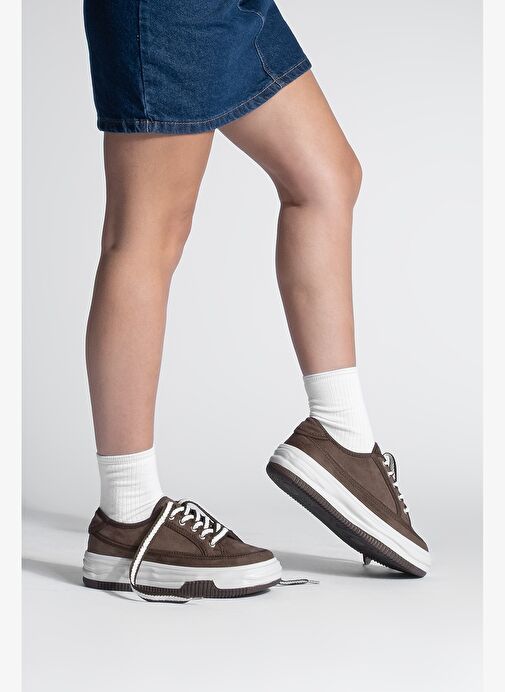 Kadın Sneaker Yüksek Taban Bağcıklı Bez Spor Ayakkabı Kotnel Kahve Süet - Görsel 4