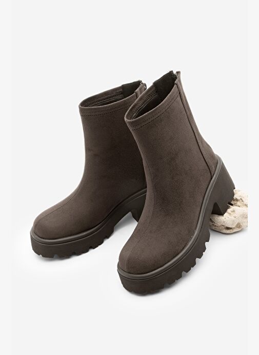 Kadın Arkadan Fermuarlı Kalın Topuklu Günlük Bot Lofani Kahve Süet - Görsel 2
