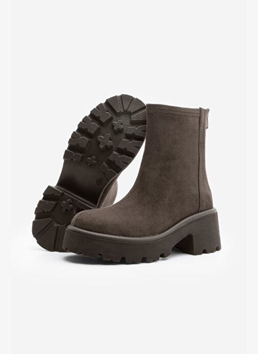 Kadın Arkadan Fermuarlı Kalın Topuklu Günlük Bot Lofani Kahve Süet - Görsel 8