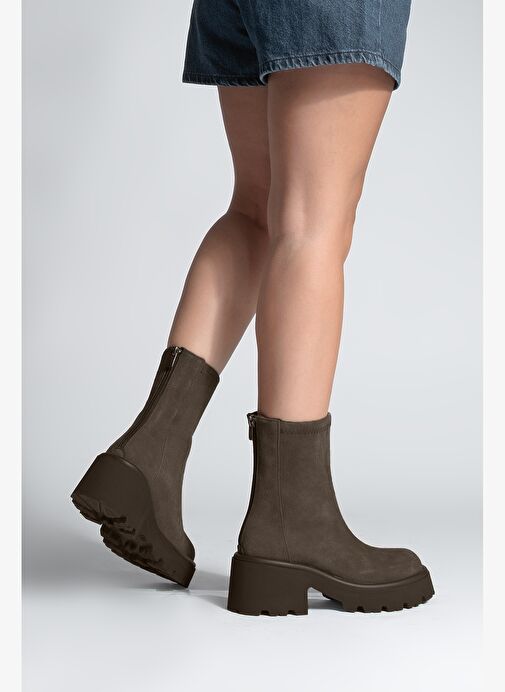 Kadın Arkadan Fermuarlı Kalın Topuklu Günlük Bot Lofani Kahve Süet - Görsel 7