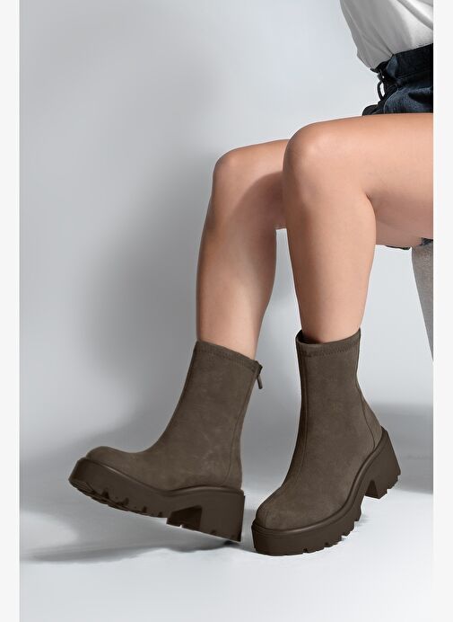 Kadın Arkadan Fermuarlı Kalın Topuklu Günlük Bot Lofani Kahve Süet - Görsel 5
