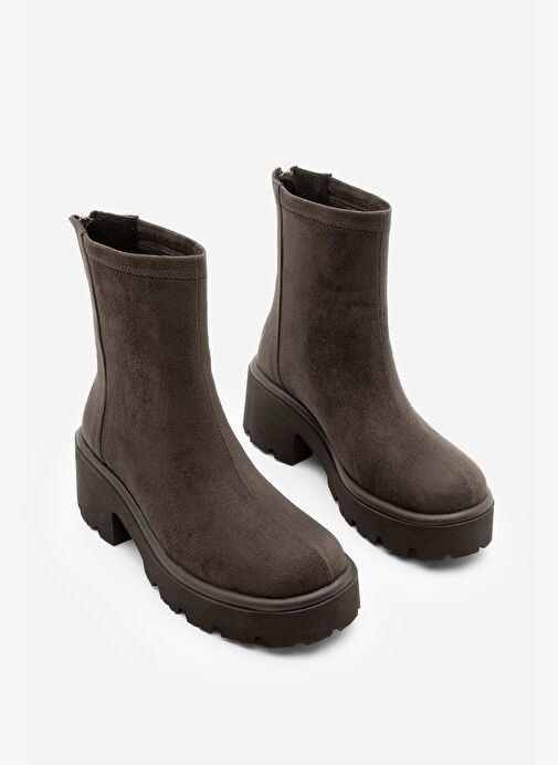 Kadın Arkadan Fermuarlı Kalın Topuklu Günlük Bot Lofani Kahve Süet - Görsel 6