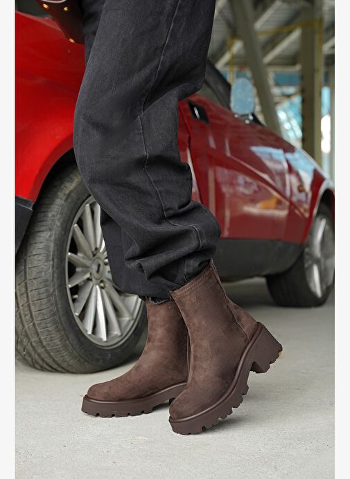 Kadın Arkadan Fermuarlı Kalın Topuklu Günlük Bot Lofani Kahve Süet - Görsel 3