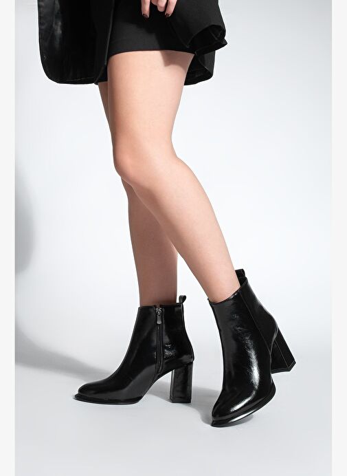 Kadın Dikiş Detaylı Kalın Topuklu Bot Kanis Siyah Rugan - Görsel 3