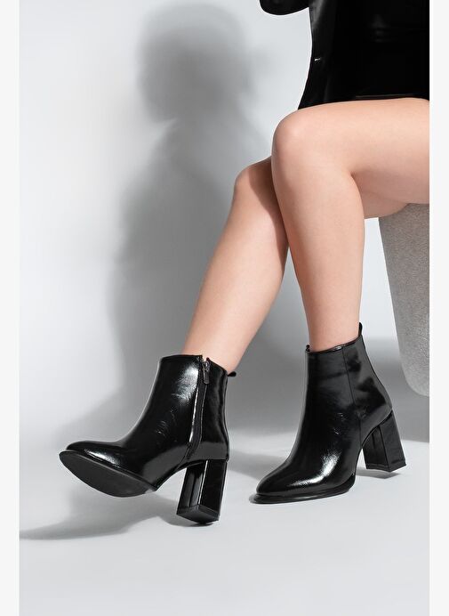 Kadın Dikiş Detaylı Kalın Topuklu Bot Kanis Siyah Rugan - Görsel 5