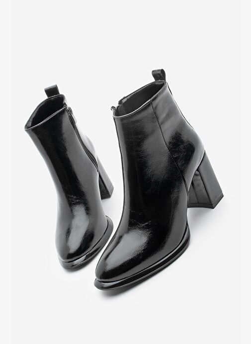 Kadın Dikiş Detaylı Kalın Topuklu Bot Kanis Siyah Rugan - Görsel 2