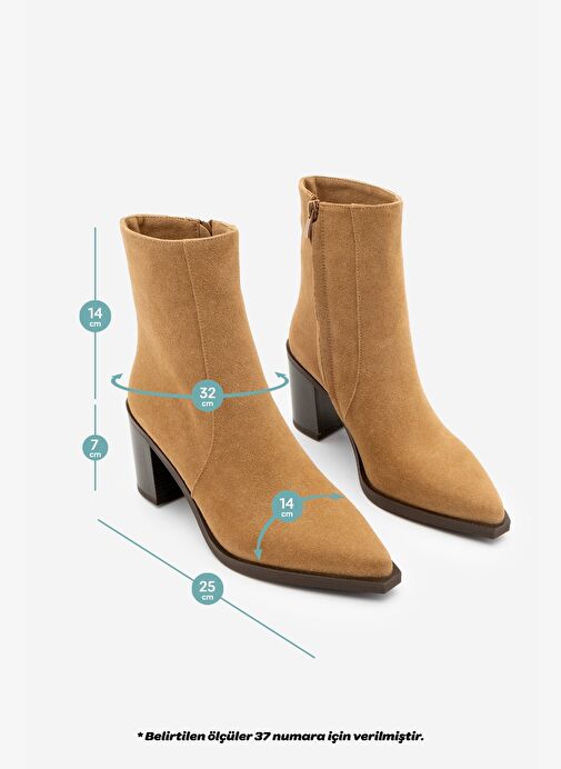 Kadın Sivri Burun Fermuarlı Kalın Ökçe Topuklu Bot Ranka Taba Süet - Görsel 7