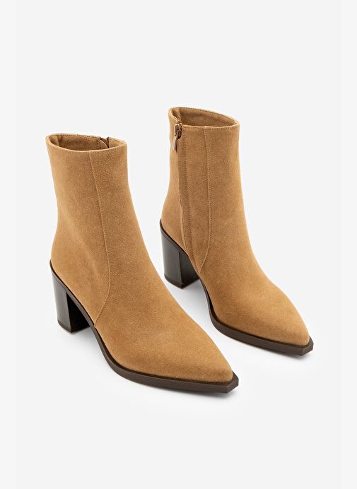 Kadın Sivri Burun Fermuarlı Kalın Ökçe Topuklu Bot Ranka Taba Süet - Görsel 2