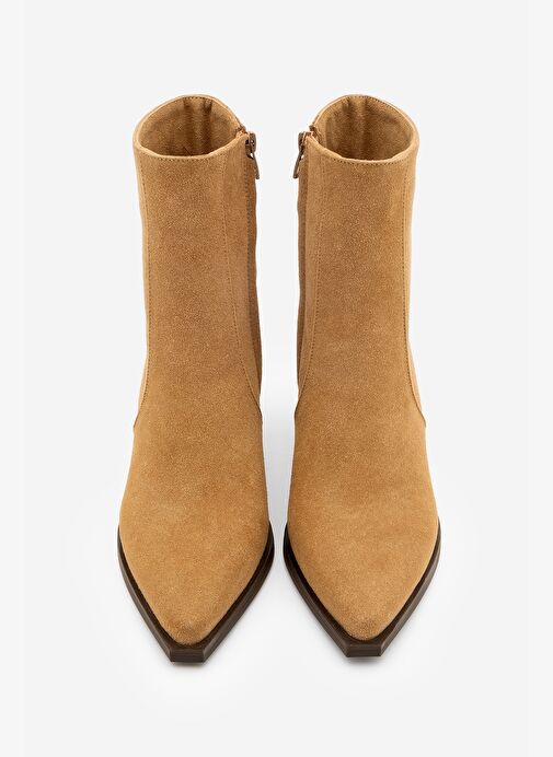Kadın Sivri Burun Fermuarlı Kalın Ökçe Topuklu Bot Ranka Taba Süet - Görsel 8