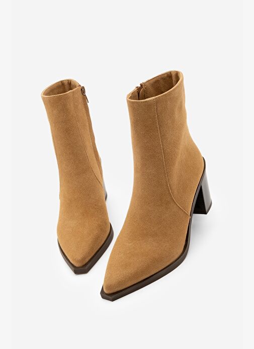 Kadın Sivri Burun Fermuarlı Kalın Ökçe Topuklu Bot Ranka Taba Süet - Görsel 6