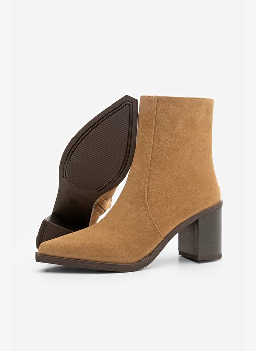 Kadın Sivri Burun Fermuarlı Kalın Ökçe Topuklu Bot Ranka Taba Süet - Görsel 5