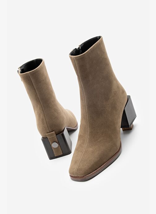 Kadın Topuklu Bot&Bootie Küt Burun Ahşap Desen Ökçe Fermuarlı Günlük Klasik Bot Noyes Vizon Süet - Görsel 2