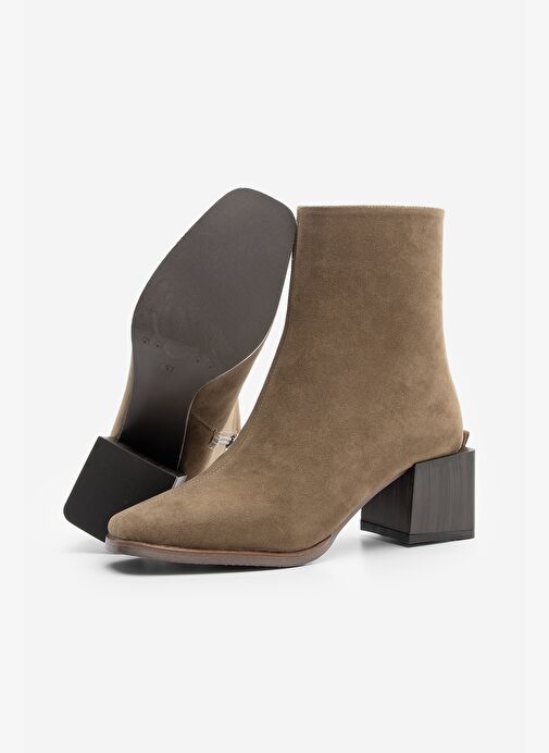 Kadın Topuklu Bot&Bootie Küt Burun Ahşap Desen Ökçe Fermuarlı Günlük Klasik Bot Noyes Vizon Süet - Görsel 8