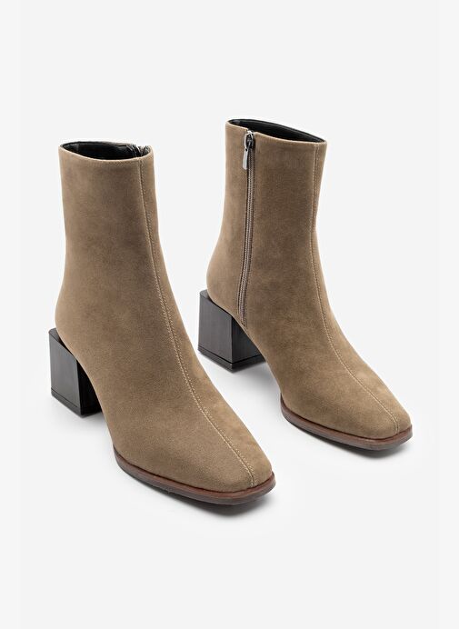 Kadın Topuklu Bot&Bootie Küt Burun Ahşap Desen Ökçe Fermuarlı Günlük Klasik Bot Noyes Vizon Süet - Görsel 6