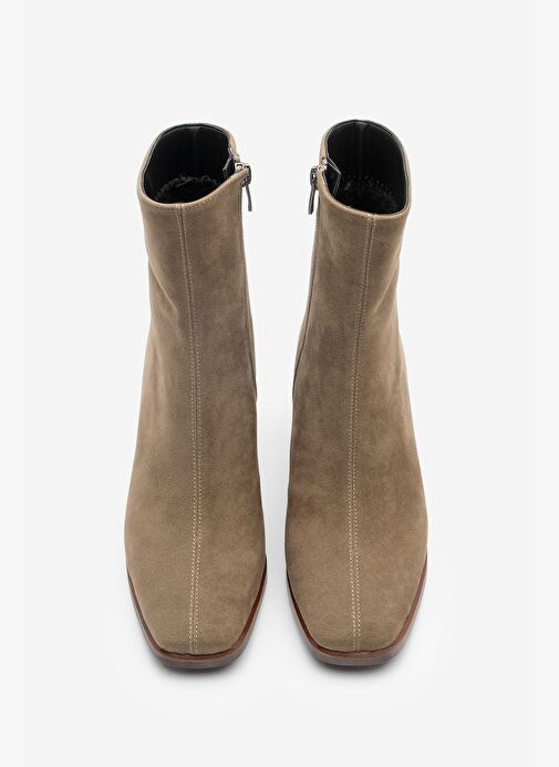 Kadın Topuklu Bot&Bootie Küt Burun Ahşap Desen Ökçe Fermuarlı Günlük Klasik Bot Noyes Vizon Süet - Görsel 7