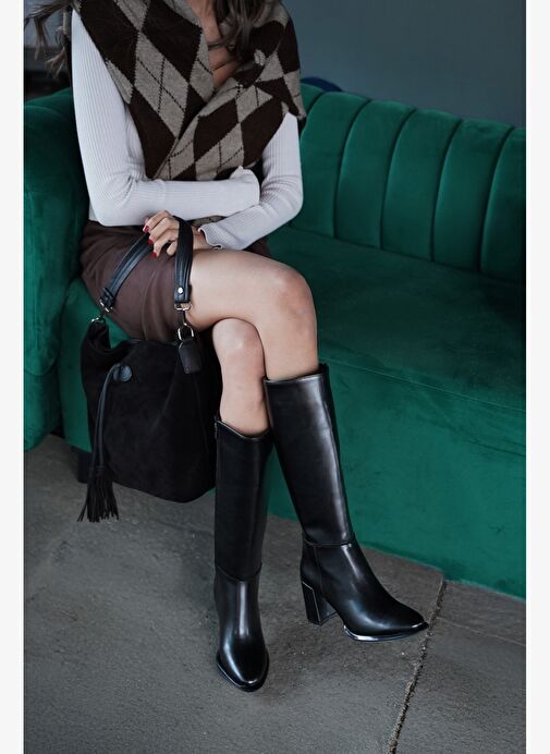 Kadın Fermuarlı Kalın Topuklu Çizme Lovet Siyah - Görsel 3