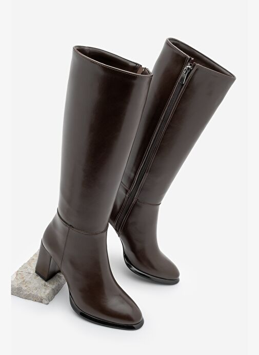 Kadın Fermuarlı Kalın Topuklu Çizme Lovet Kahve - Görsel 2