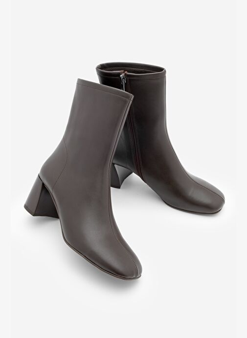 Kadın Küt Burun Fermuarlı Topuklu Bot Nonas Kahve - Görsel 2