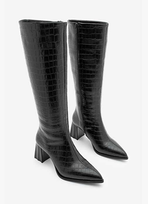 Kadın Sivri Burun Kalın Topuklu Çizme Alenta Siyah Croco - Görsel 9