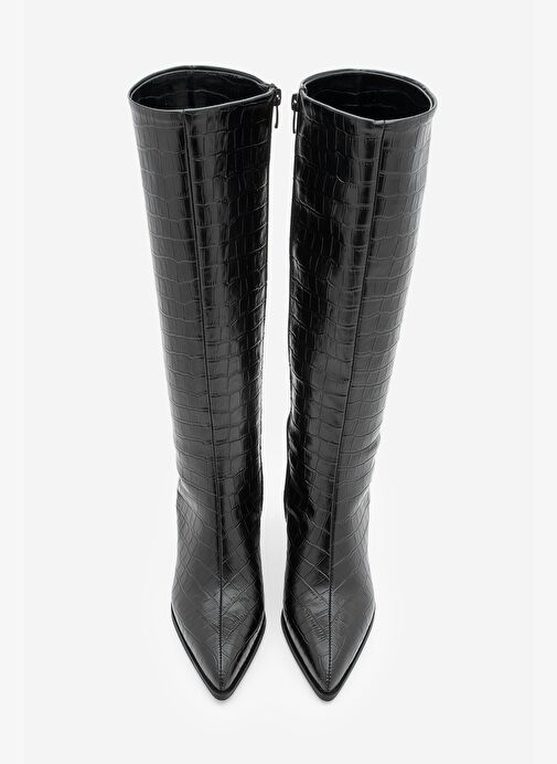 Kadın Sivri Burun Kalın Topuklu Çizme Alenta Siyah Croco - Görsel 5