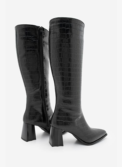 Kadın Sivri Burun Kalın Topuklu Çizme Alenta Siyah Croco - Görsel 6