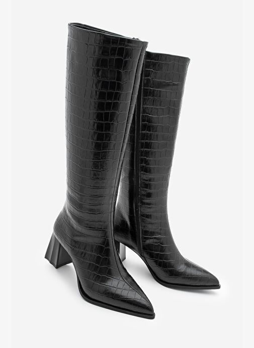 Kadın Sivri Burun Kalın Topuklu Çizme Alenta Siyah Croco - Görsel 2