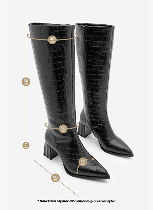 Kadın Sivri Burun Kalın Topuklu Çizme Alenta Siyah Croco - Görsel 8