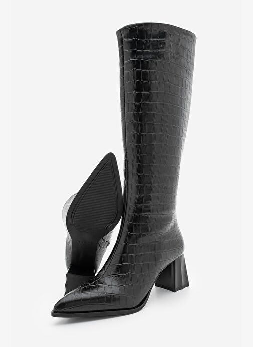 Kadın Sivri Burun Kalın Topuklu Çizme Alenta Siyah Croco - Görsel 7