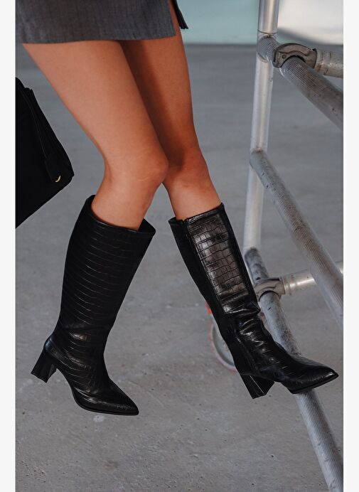 Kadın Sivri Burun Kalın Topuklu Çizme Alenta Siyah Croco - Görsel 3
